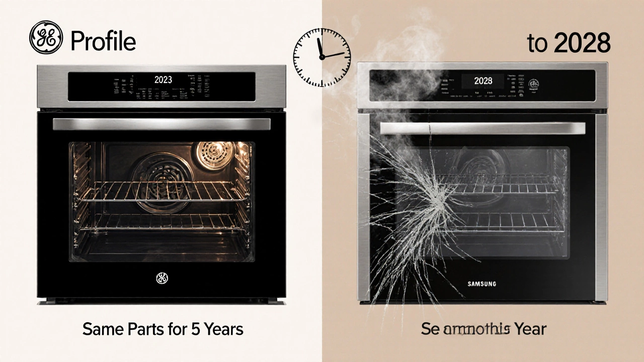 Side-by-side illustration comparing reliable GE Profile oven with faulty Samsung oven showing internal differences.