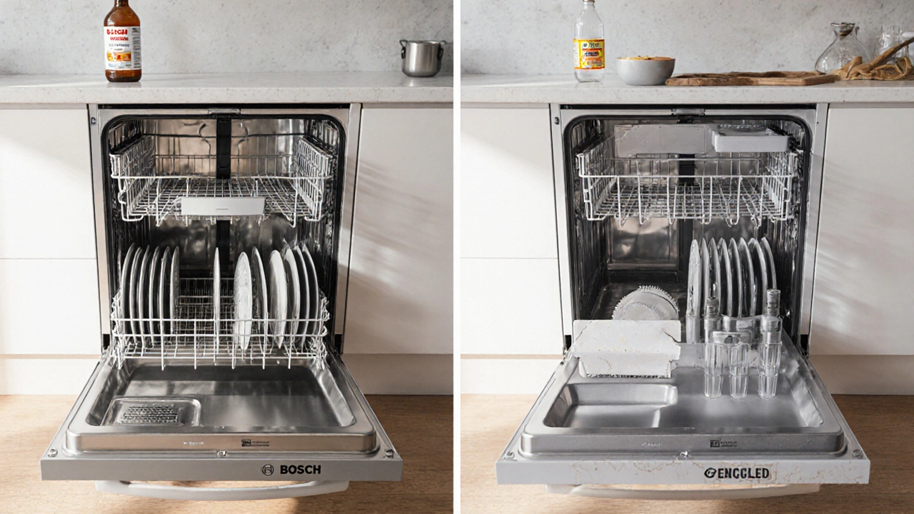 Side-by-side view of a well-maintained stainless steel dishwasher versus a worn plastic-tub model.