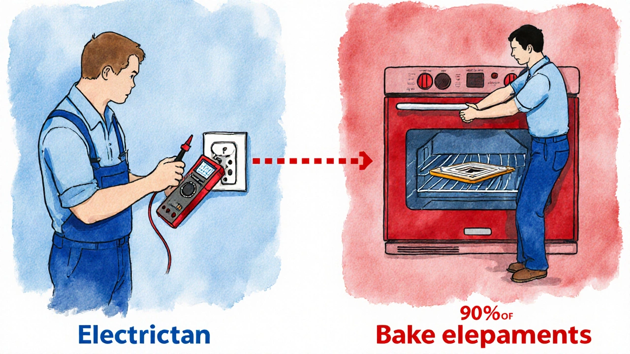 Split illustration showing electrician checking outlet vs technician repairing oven element.