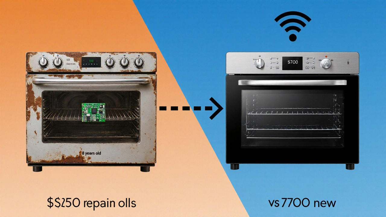 Split image comparing old oven repair cost versus new oven price