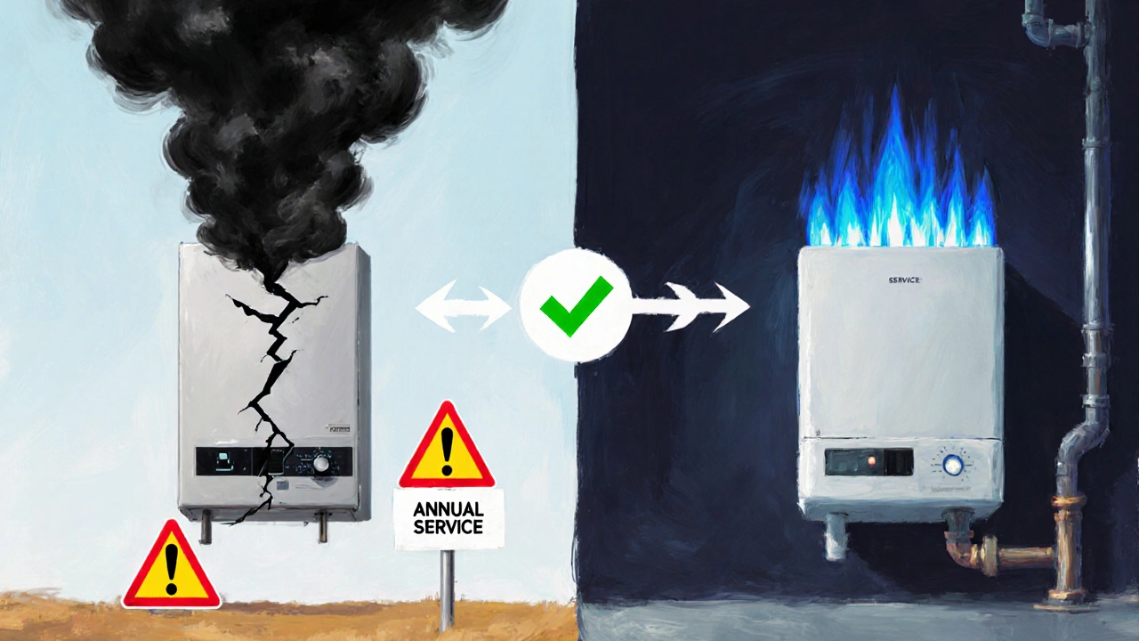 Split image contrasting a dangerous faulty boiler with a safe serviced one