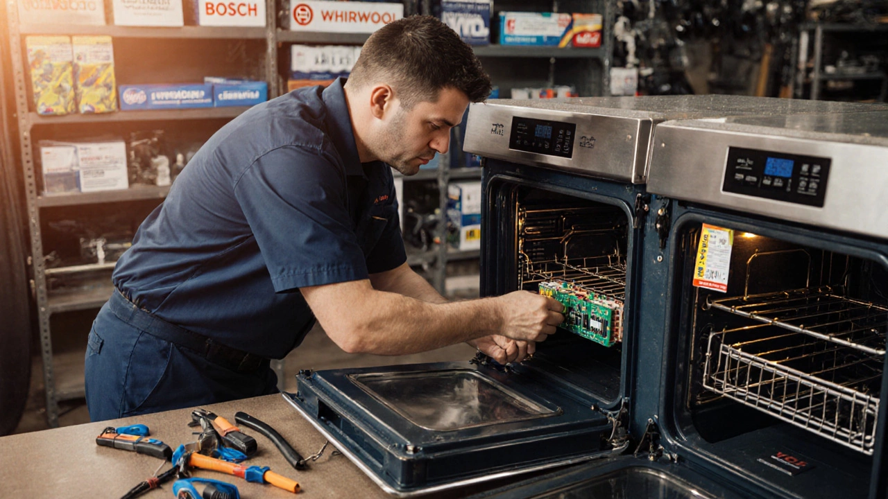 Technician replacing an oven control board in a repair shop