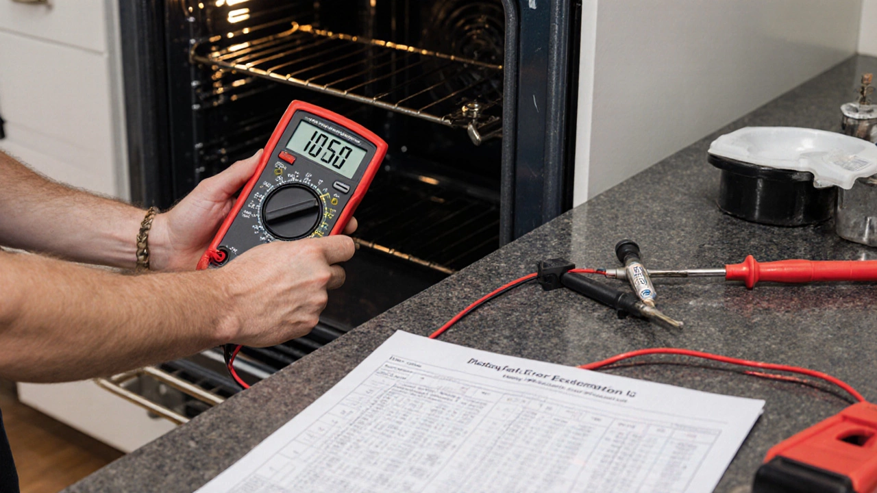 Technician testing oven temperature sensor with multimeter, tools and manual visible on counter.