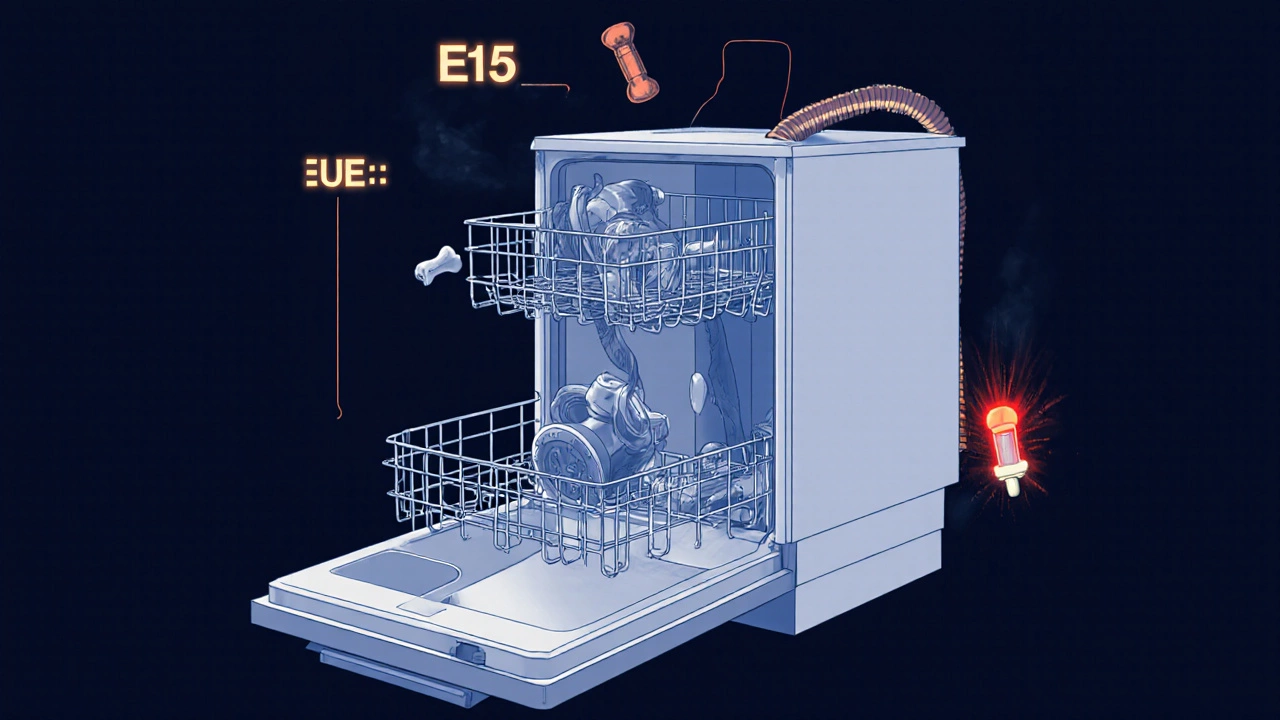 Transparent dishwasher showing jammed pump and error codes