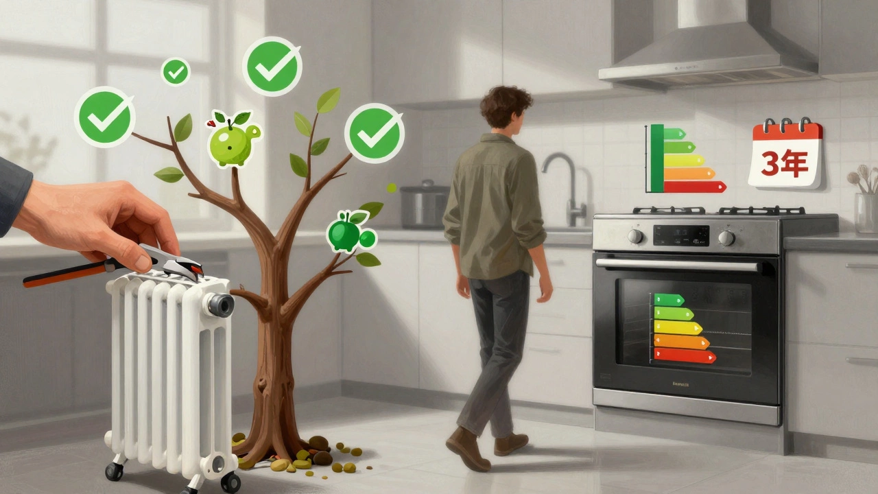 A decision tree in a kitchen showing repair vs. replacement options with visual icons.