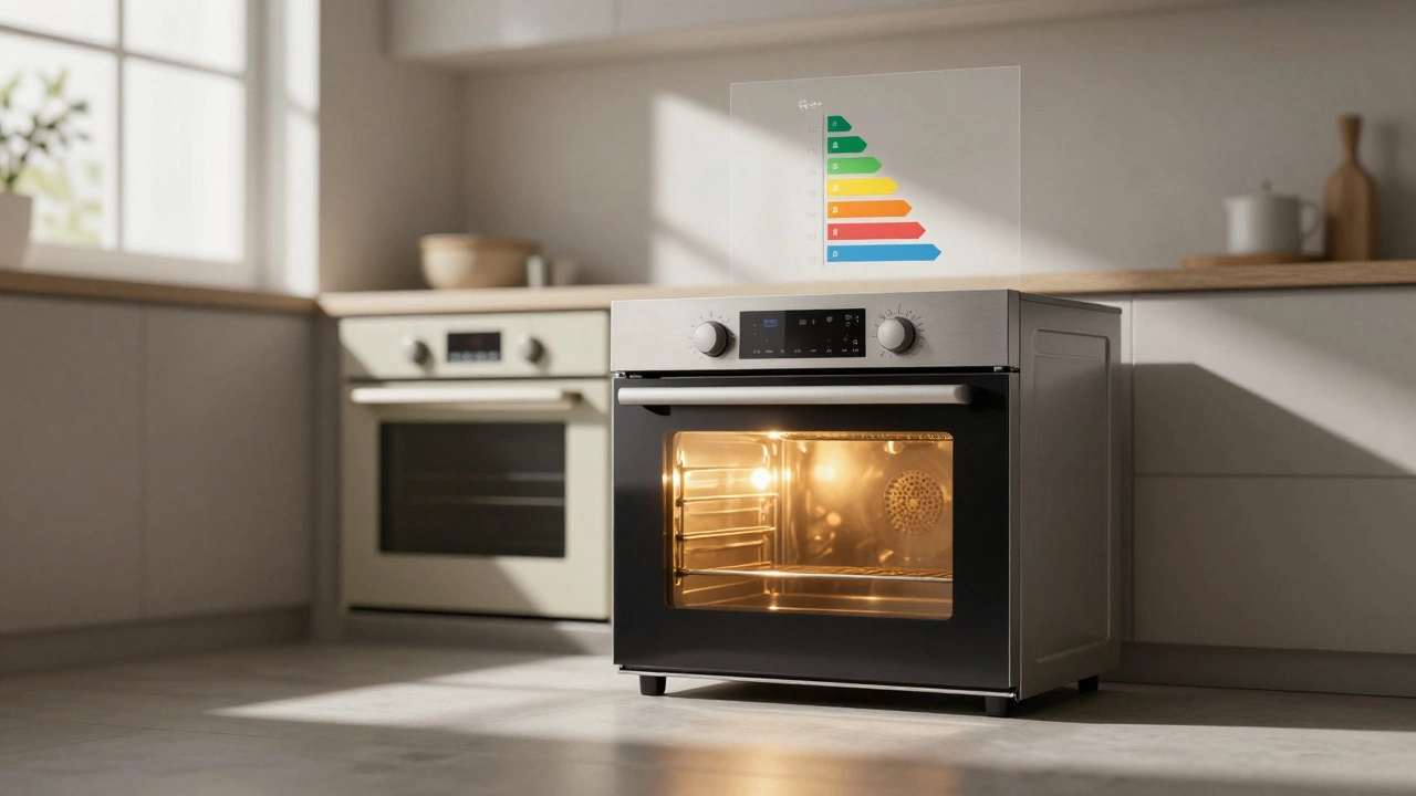A modern energy-efficient oven glowing warmly beside a faded old oven, with floating energy cost graphs showing savings over time.