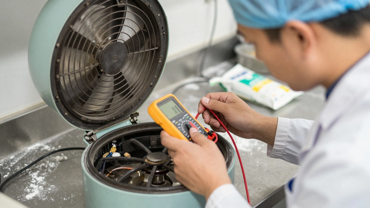 A technician inspecting a faulty heating element inside an open cooker with a multimeter.
