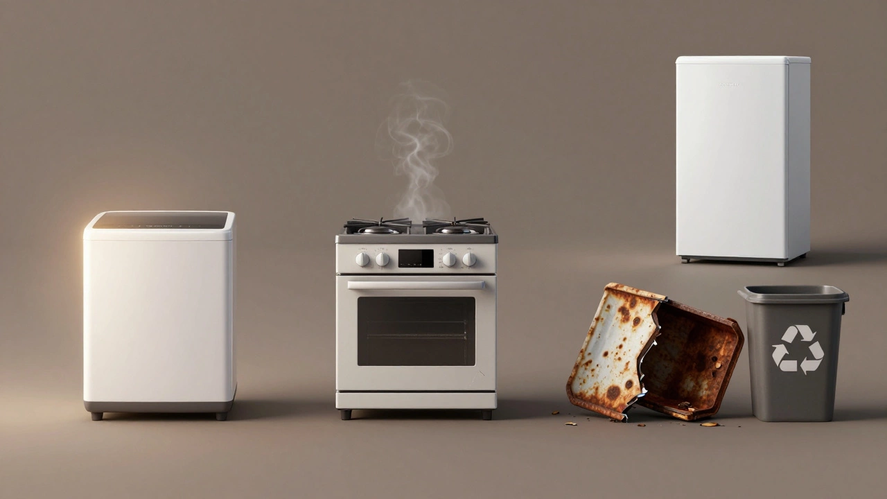 A timeline showing a cooker’s life from new to broken, with a modern replacement glowing in the distance.