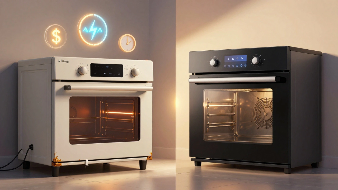 An old electric oven next to a new energy-efficient model, showing the contrast in design and efficiency.