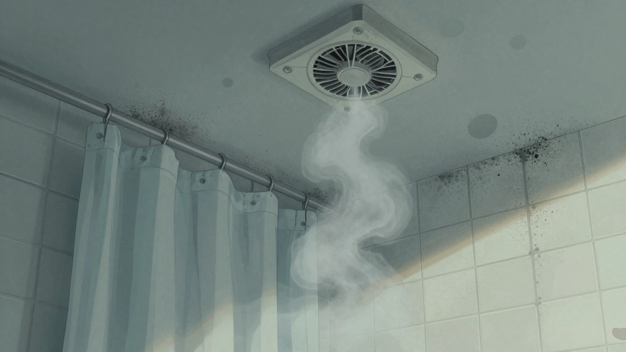 Black mold spreading on bathroom tiles and ceiling with a broken fan.