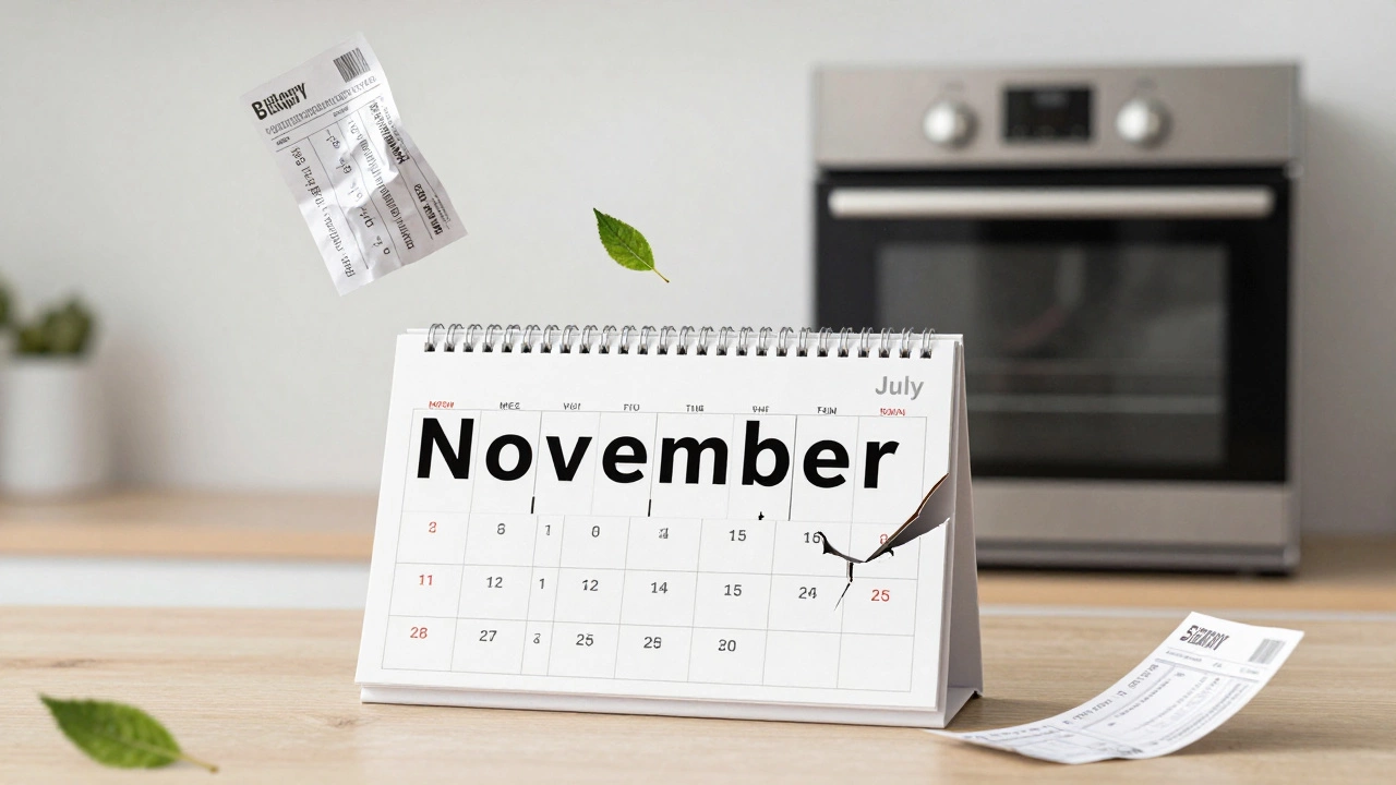 Calendar turning from November to July with broken and new ovens, energy bills floating above.