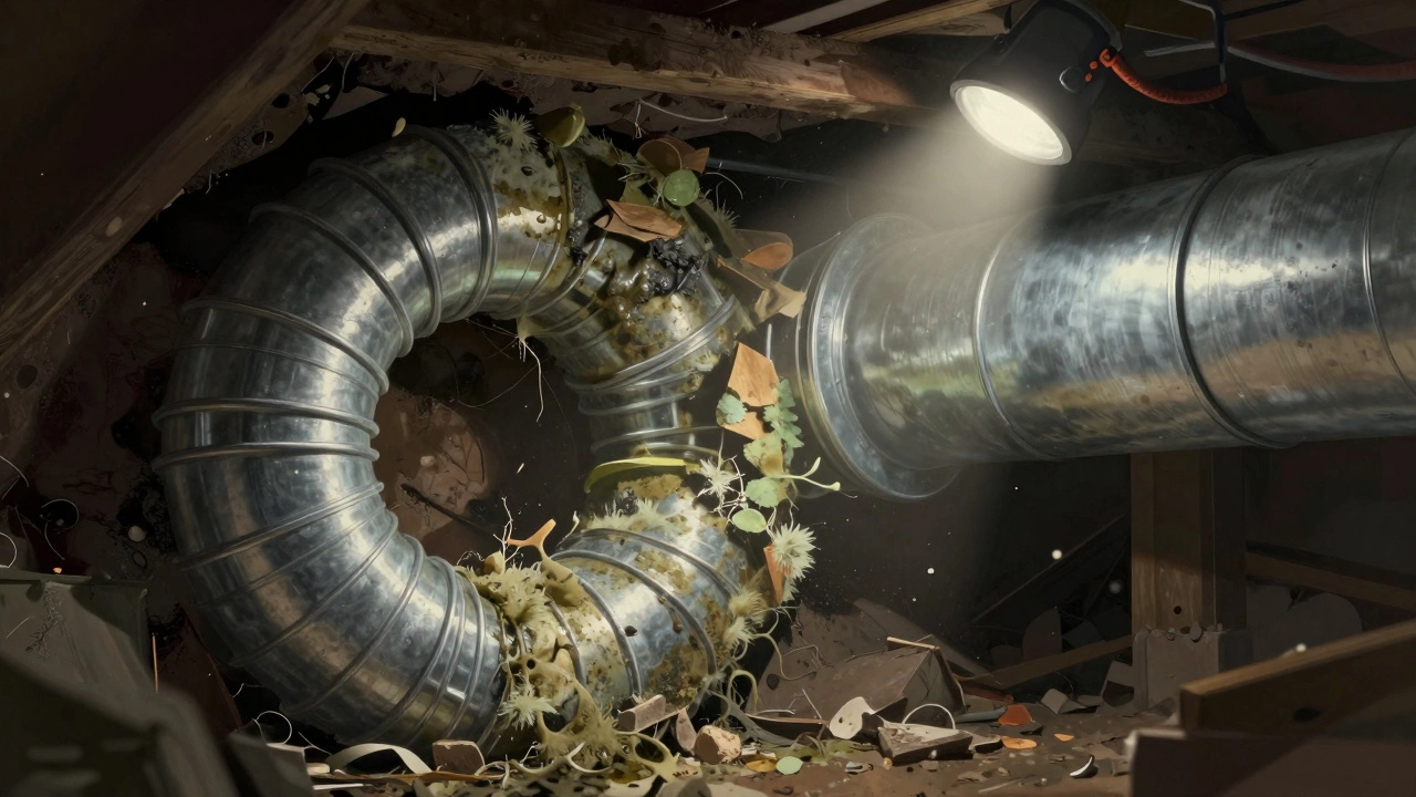 Collapsed moldy duct in attic contrasted with new rigid metal duct being installed.