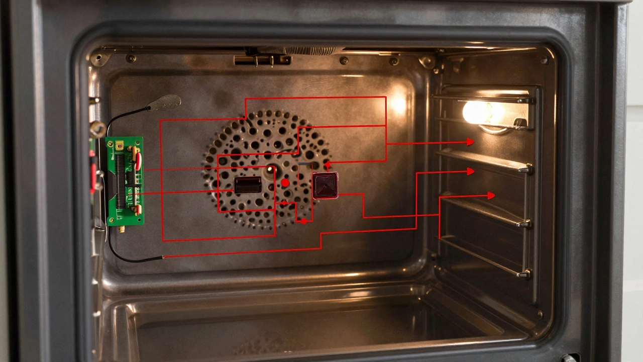 Conceptual diagram showing broken electrical connections inside an oven.