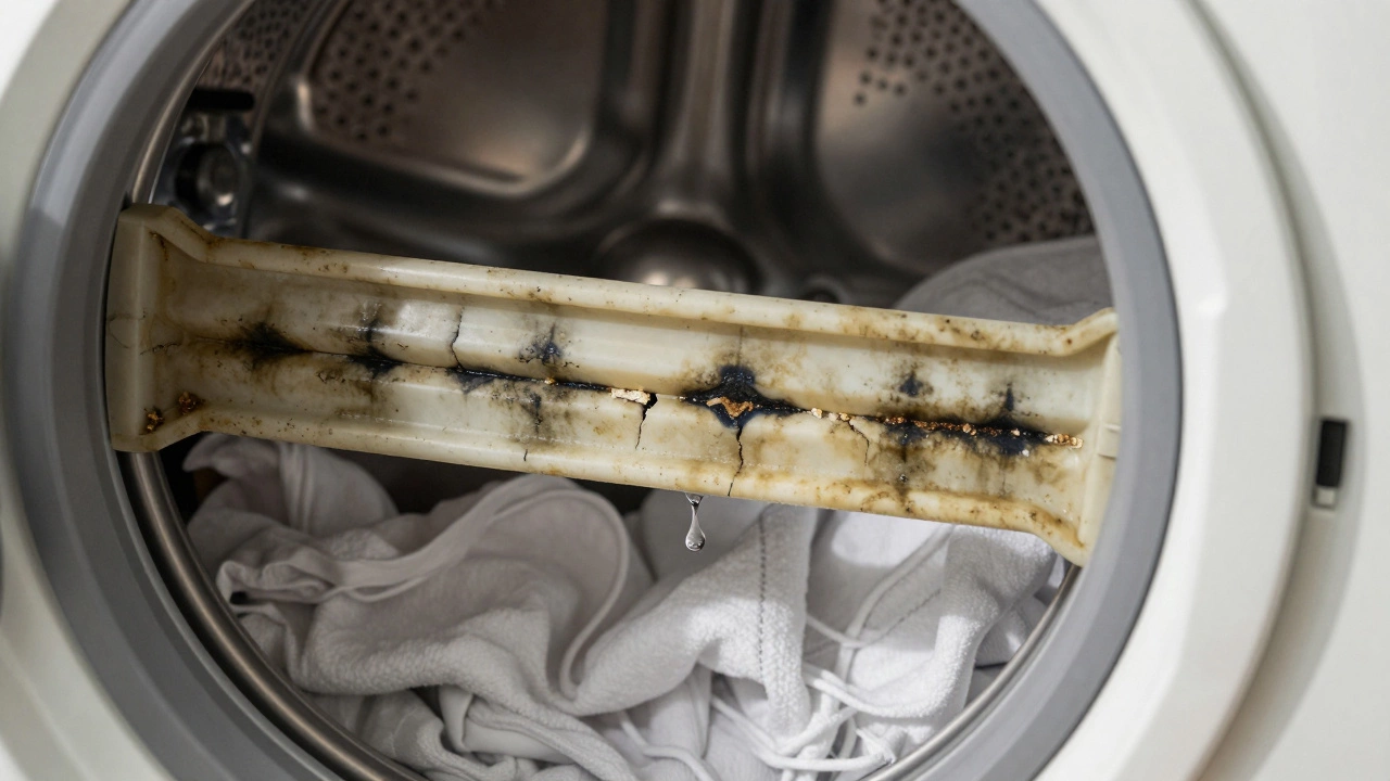 Cracked and moldy rubber door seal on a front-load washer with trapped lint.