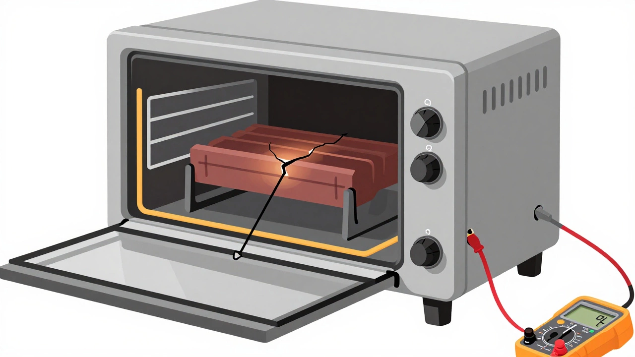 Cross-section of electric oven showing broken heating element, worn gasket, and multimeter reading OL.