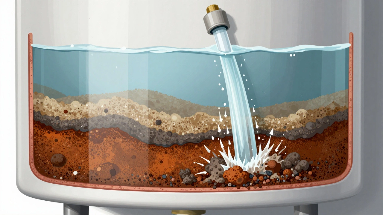 Cross-section of water heater showing sediment stirred by incoming water flow during flushing.