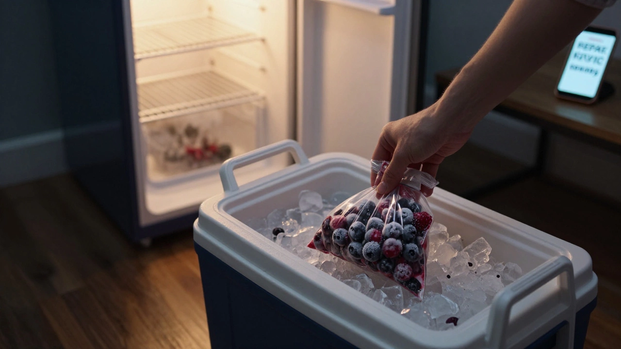 Hand placing frozen berries into a cooler with ice packs, blurred warm freezer in background, phone showing repair number.