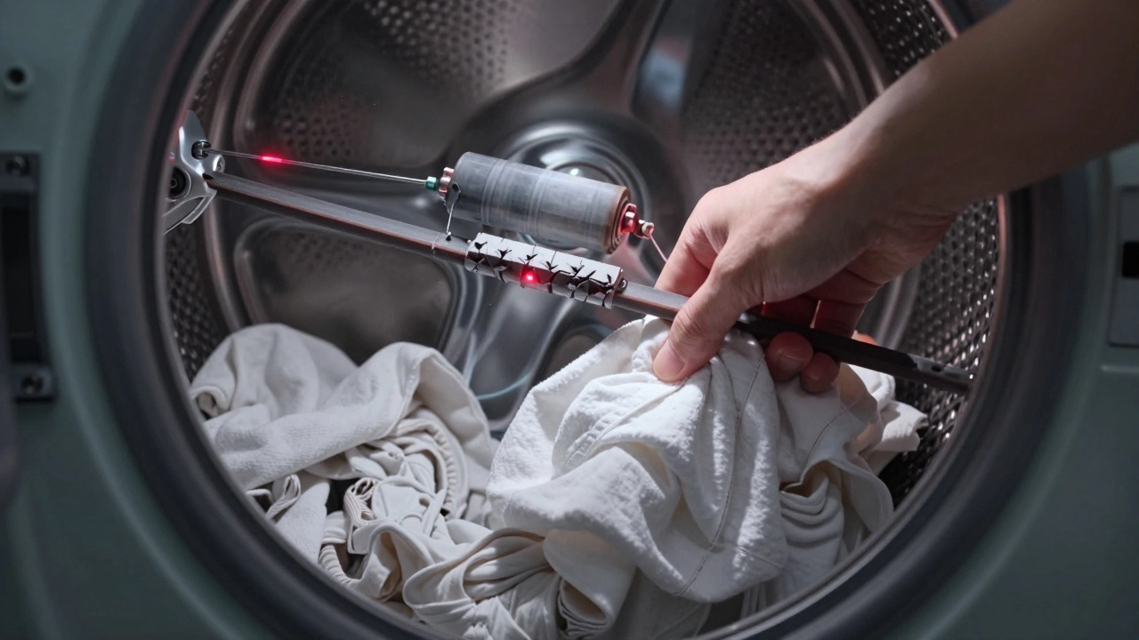 Hand turning a dryer drum with hidden mechanical failures overlaid.