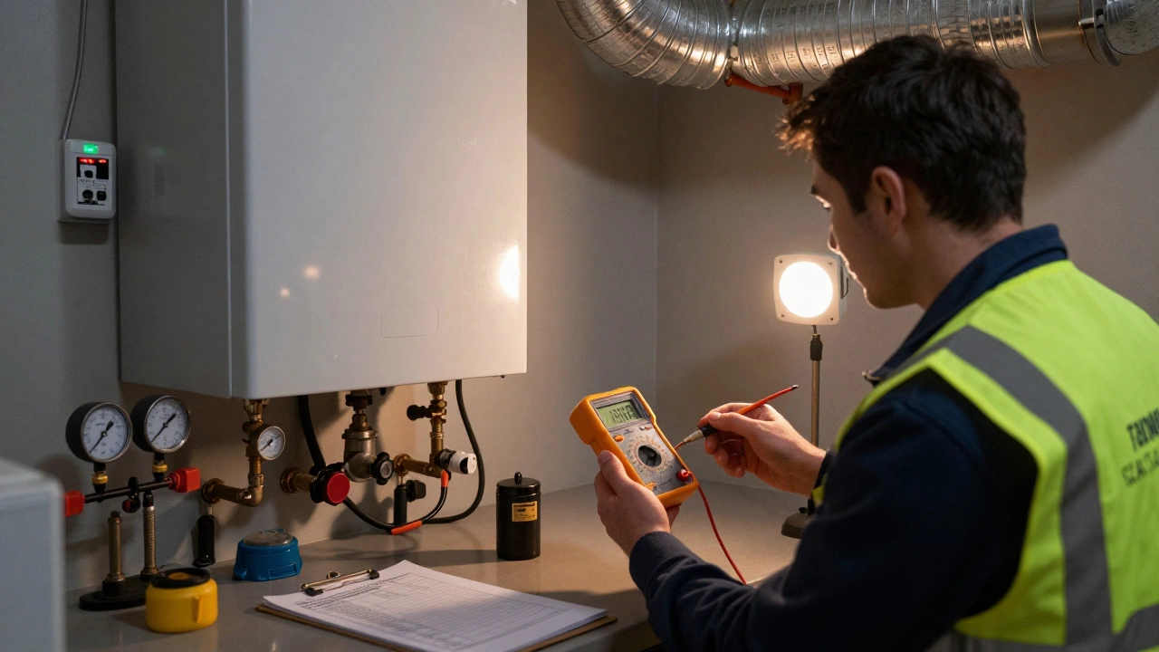 Heating engineer diagnosing a boiler with error code F22 using gas analysis tools in a utility room.