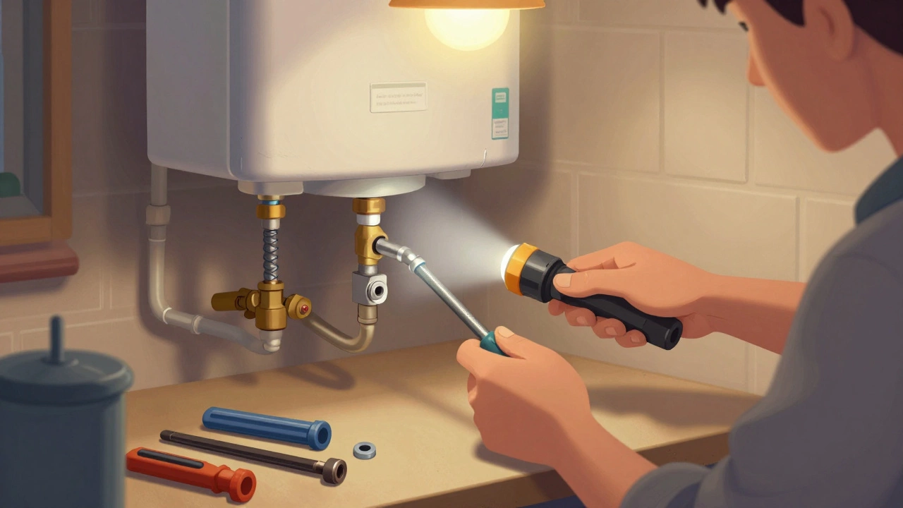 Homeowner inspecting and removing an anode rod from a water heater.