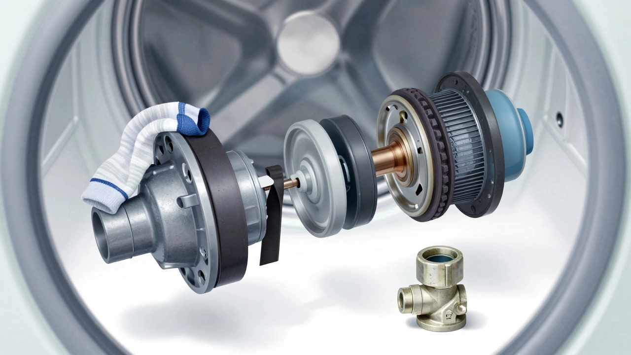 Internal parts of a washing machine showing common failures: clogged pump, broken belt, and worn coupler.