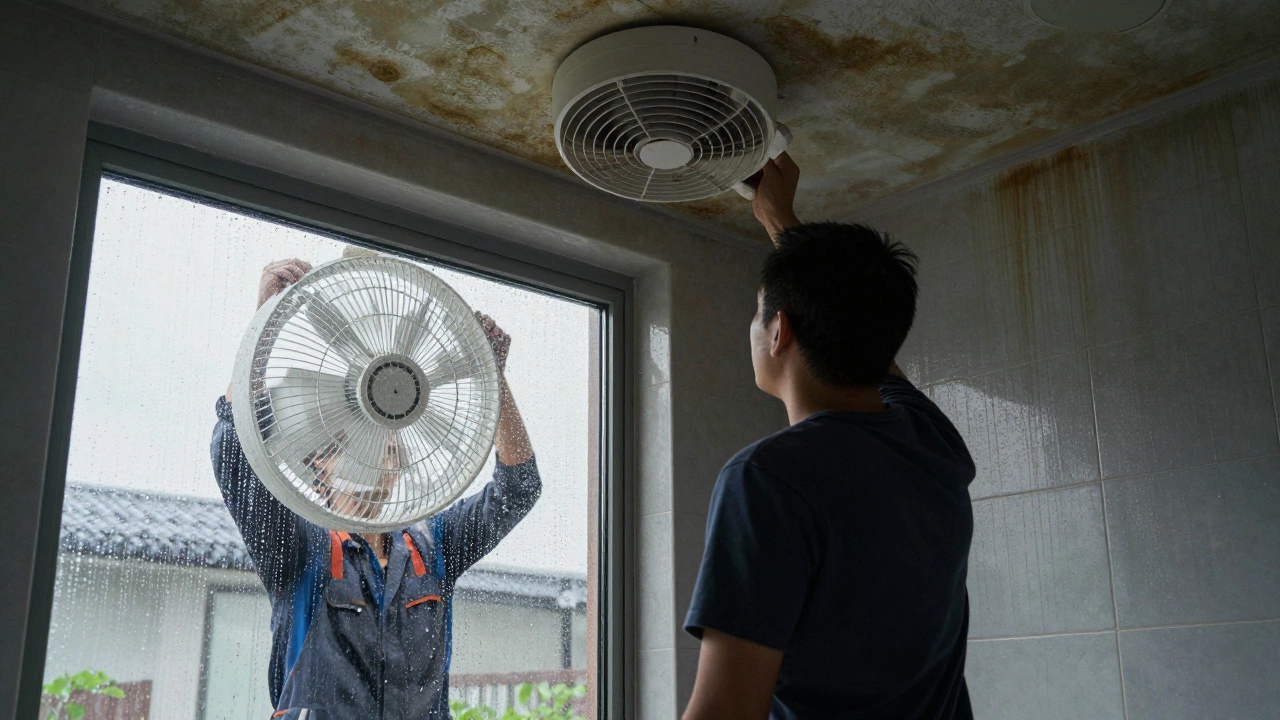 Moldy bathroom with broken fan contrasted by professional installing a replacement.