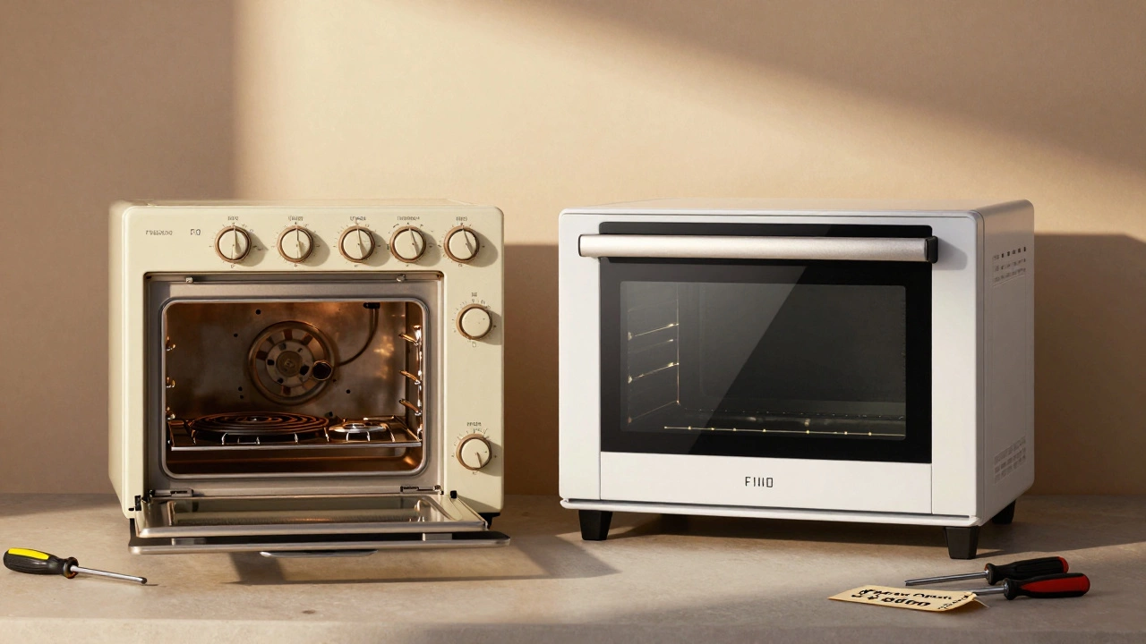 Old mechanical oven next to modern smart oven, contrasting repairability vs. complexity.