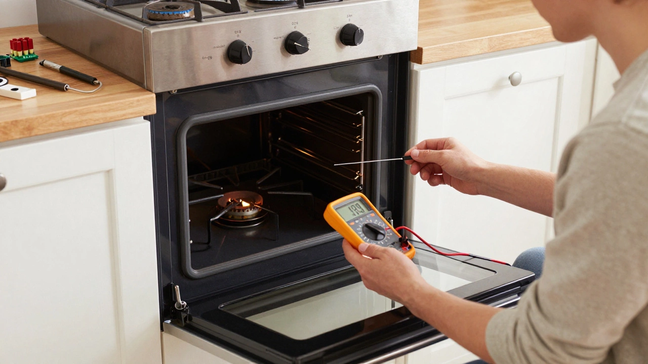 Person testing an oven temperature sensor with a multimeter on a kitchen counter.