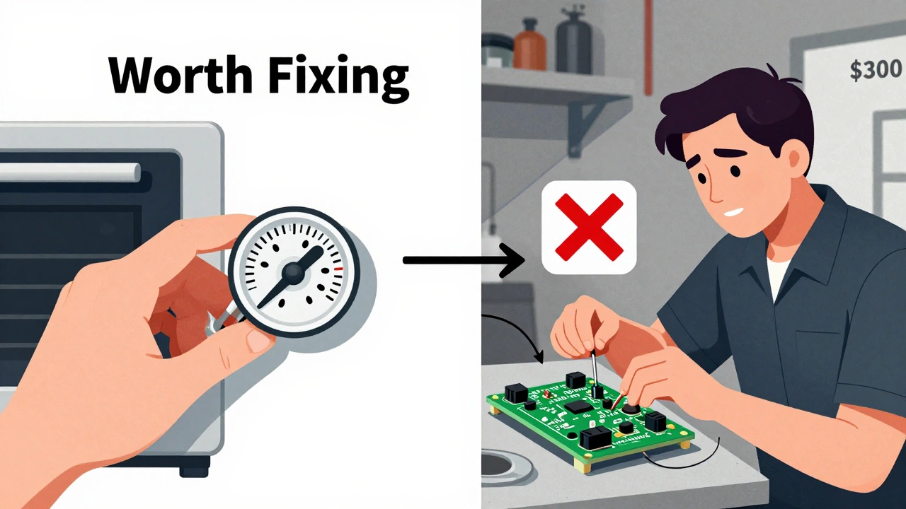 Split illustration showing a simple oven repair on one side and a costly, discontinued part on the other with red and green indicators.