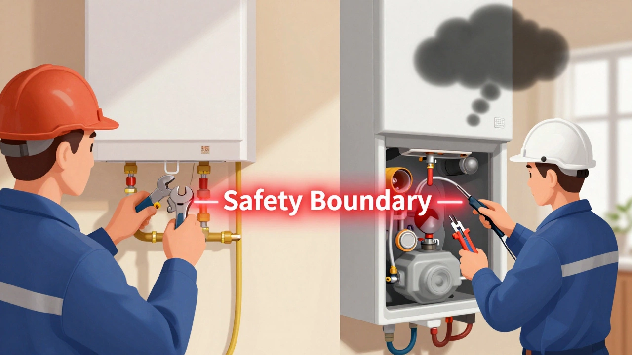 Split image showing plumber fixing water pipes versus gas engineer inspecting boiler internals with safety boundary.
