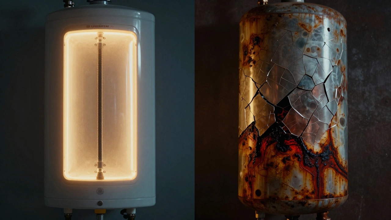 Split image: water heater with protective anode rod vs. one with internal rust damage.