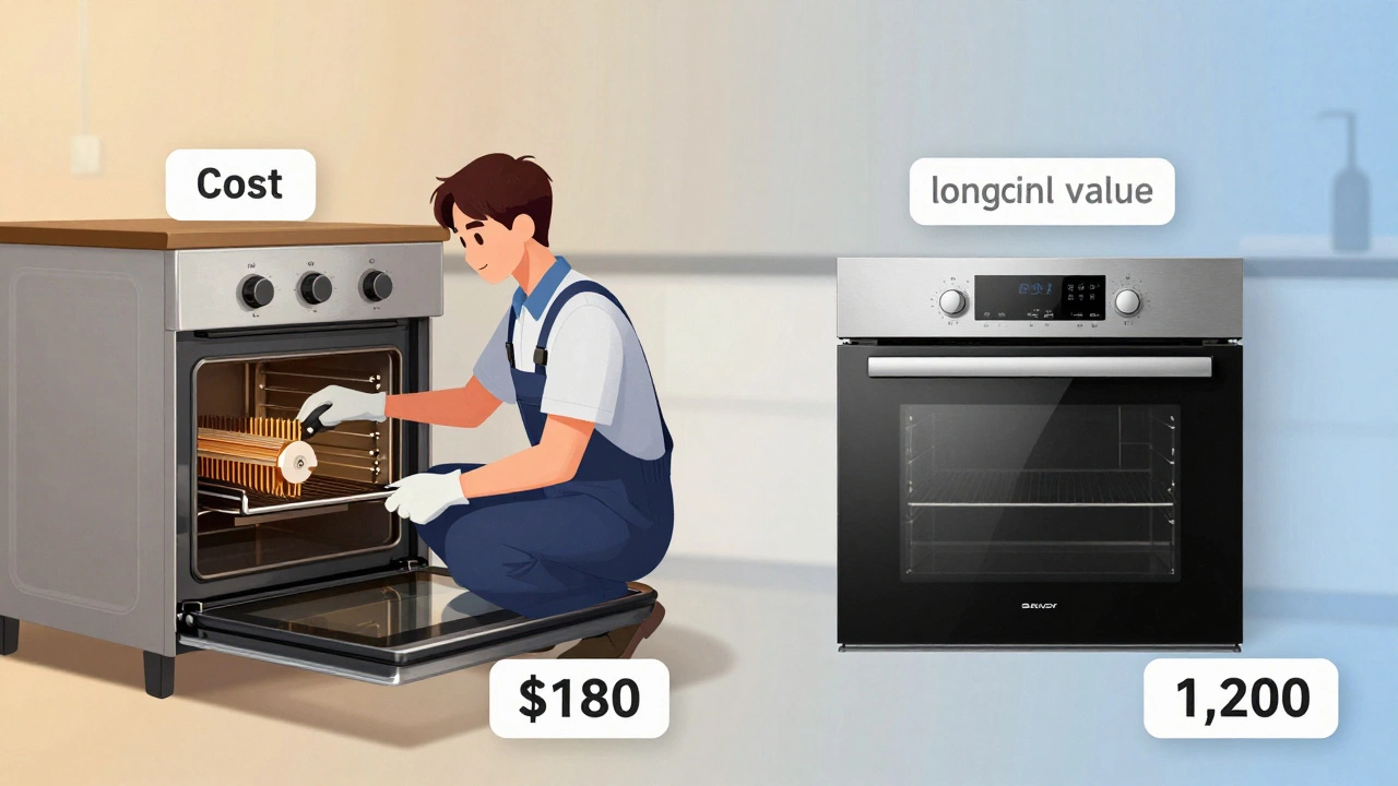 Split scene showing repair of an old oven versus installation of a new modern oven.