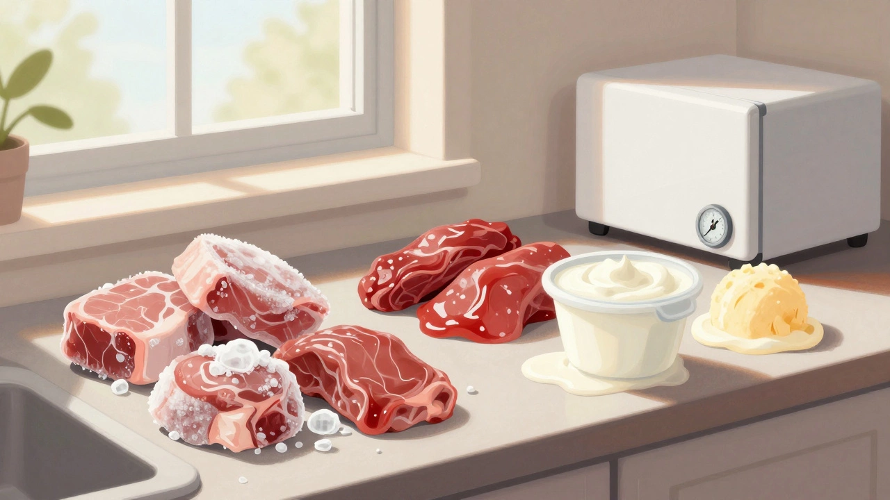 Thawed food sorted into safe and unsafe piles on a kitchen counter, with a freezer thermometer nearby.