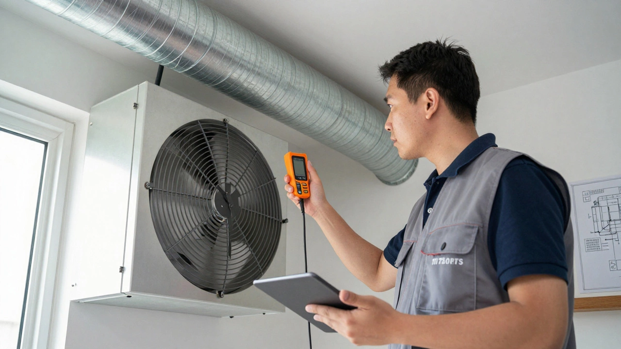 Ventilation technician measuring airflow with digital tools beside a ducted extractor fan.