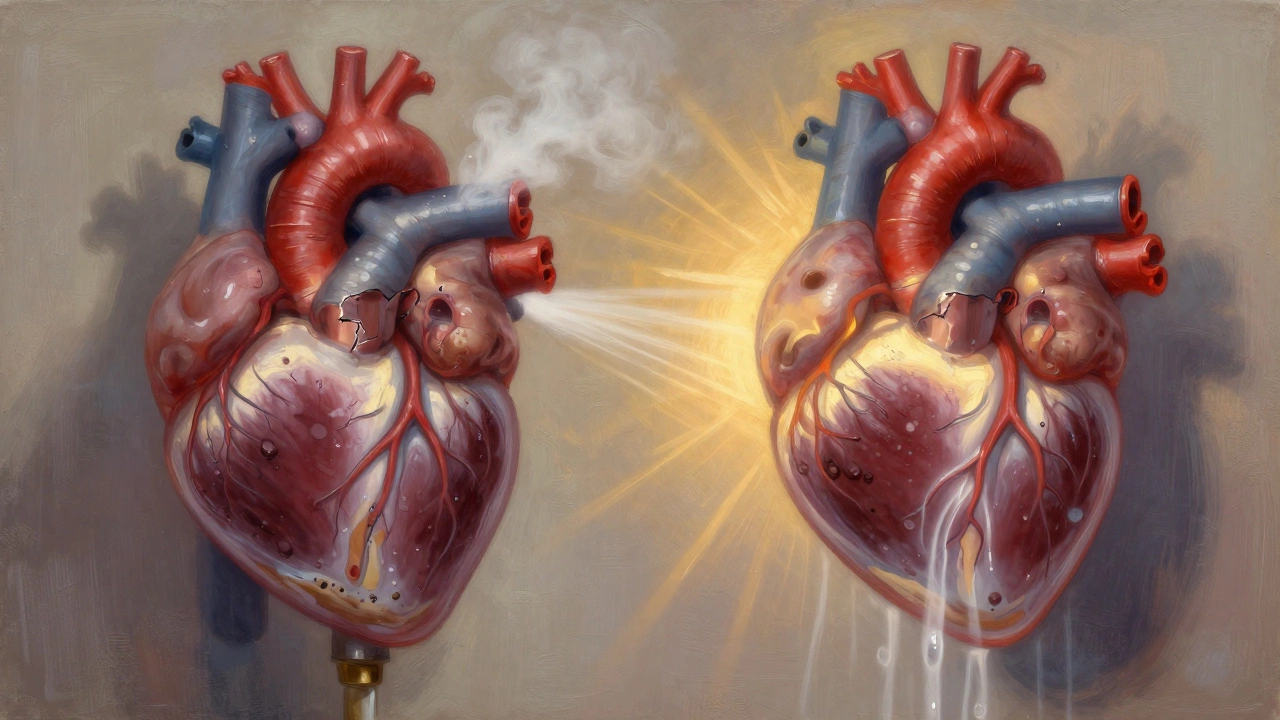 Water heater depicted as a heart: one side clogged with sediment, the other clean and glowing.