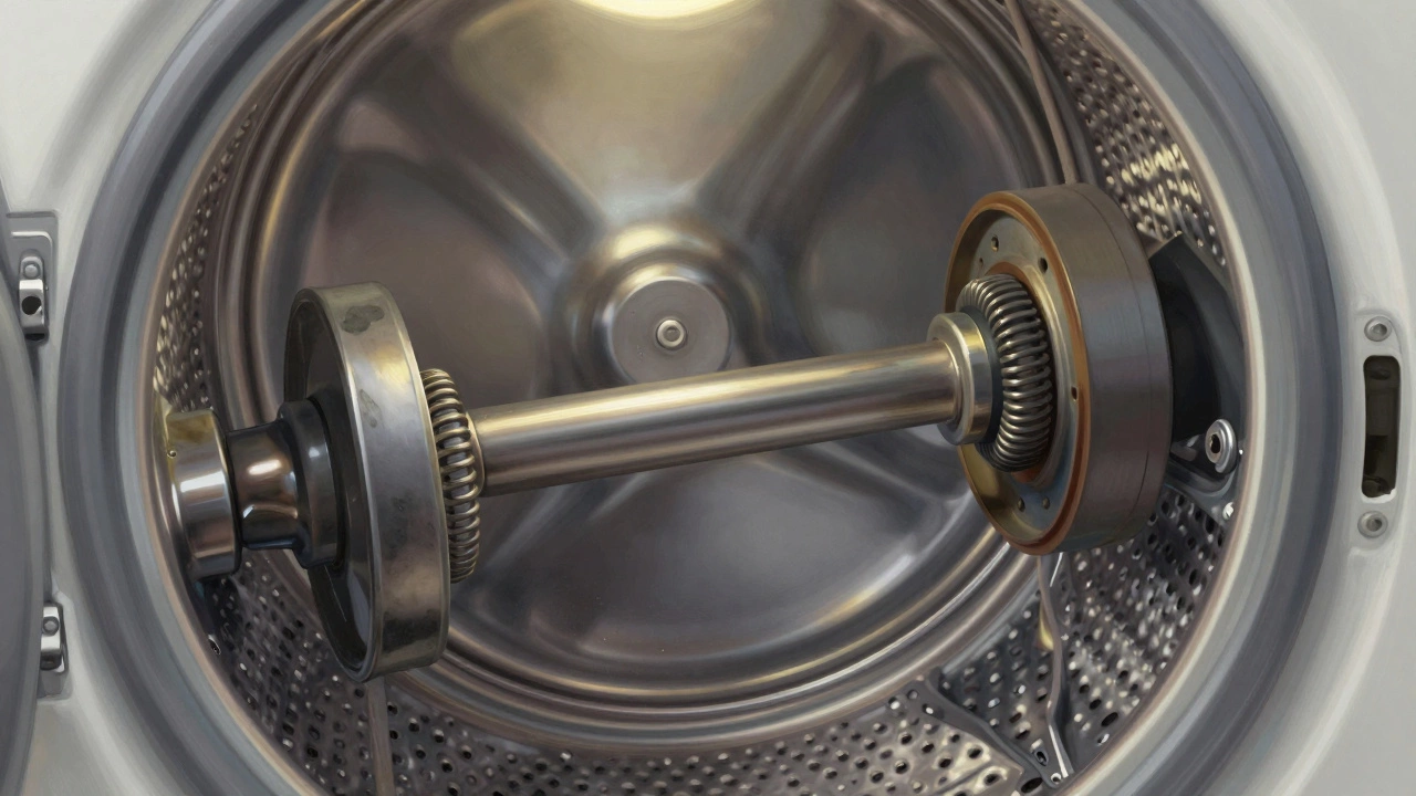 Worn drum rollers and idler pulley in a dryer&#039;s internal mechanism.