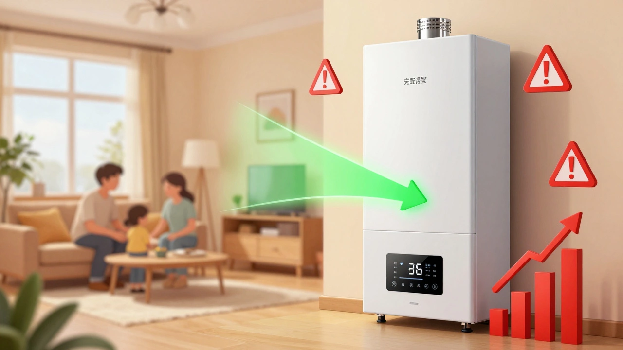 A modern boiler next to an old one, with green efficiency arrows and red warning symbols.