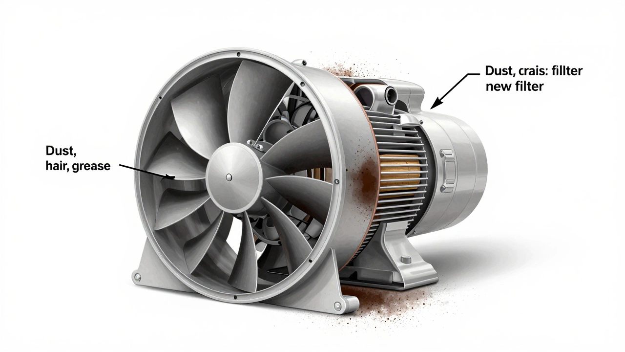 Cutaway view of extractor fan showing dust buildup and airflow paths