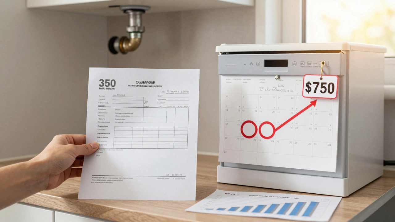 Hand holding repair invoice next to new dishwasher price tag on kitchen counter with rising energy bill graph.