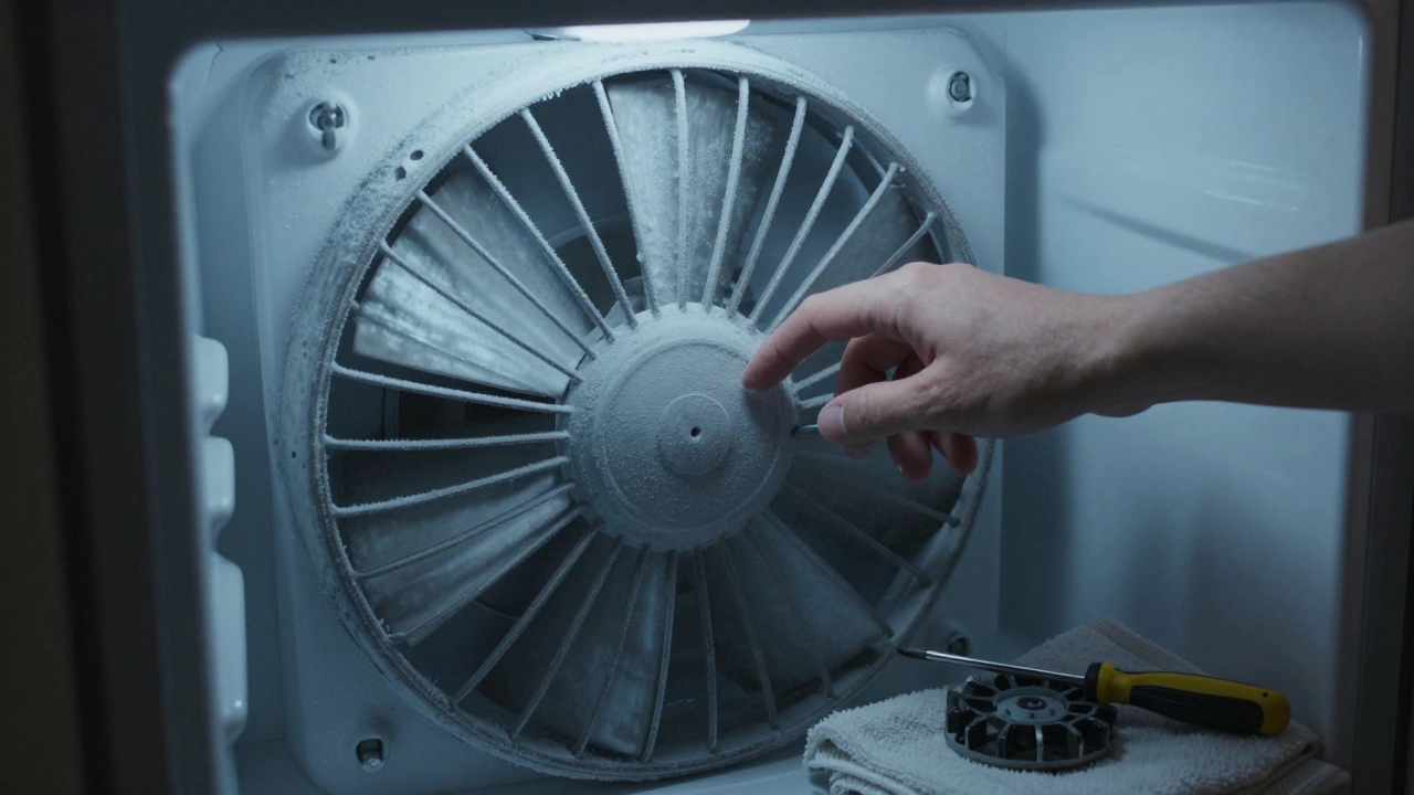 Hand spinning a frozen evaporator fan inside a freezer with frost buildup.