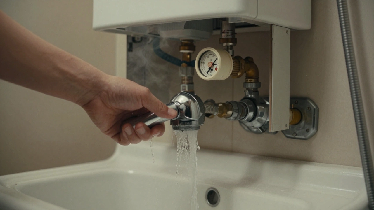 Hand turning a shower handle as cold water drips, while hot water flows from a sink nearby.