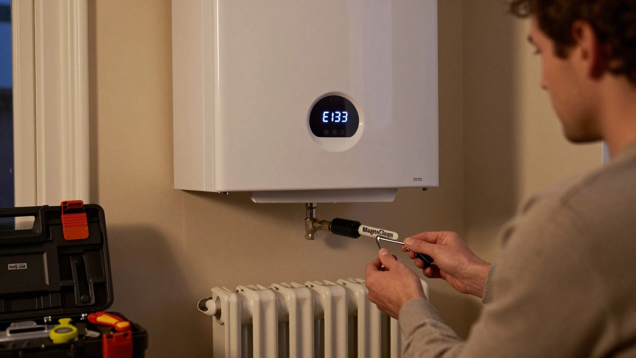 Homeowner bleeding radiator as boiler displays error code in cozy living room