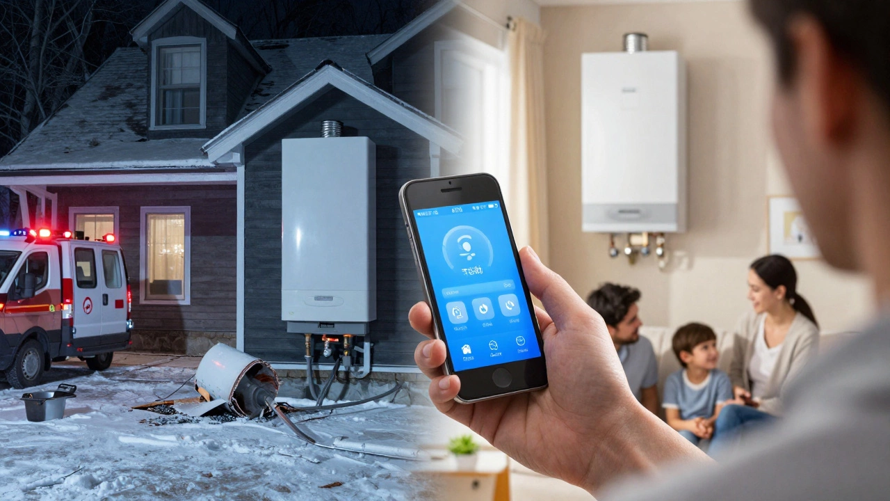 Homeowner checking a smart thermostat alert, with split scene of freezing vs. warm home.