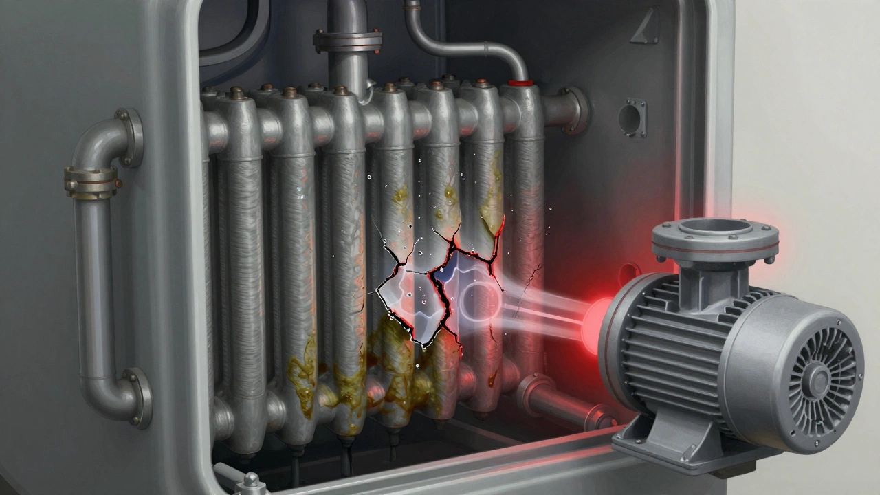 Internal view of boiler showing limescale, air bubbles, and failing pump