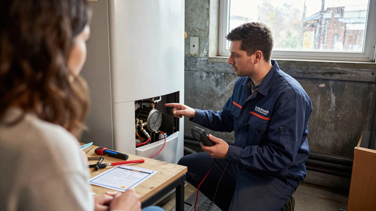 Licensed technician showing cracked heat exchanger to homeowner in basement.