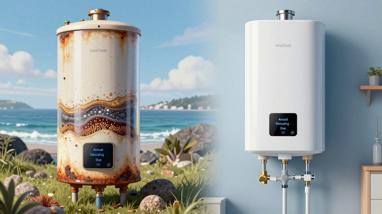 Side-by-side comparison of a corroded tank water heater and a clean tankless unit with internal components visible.