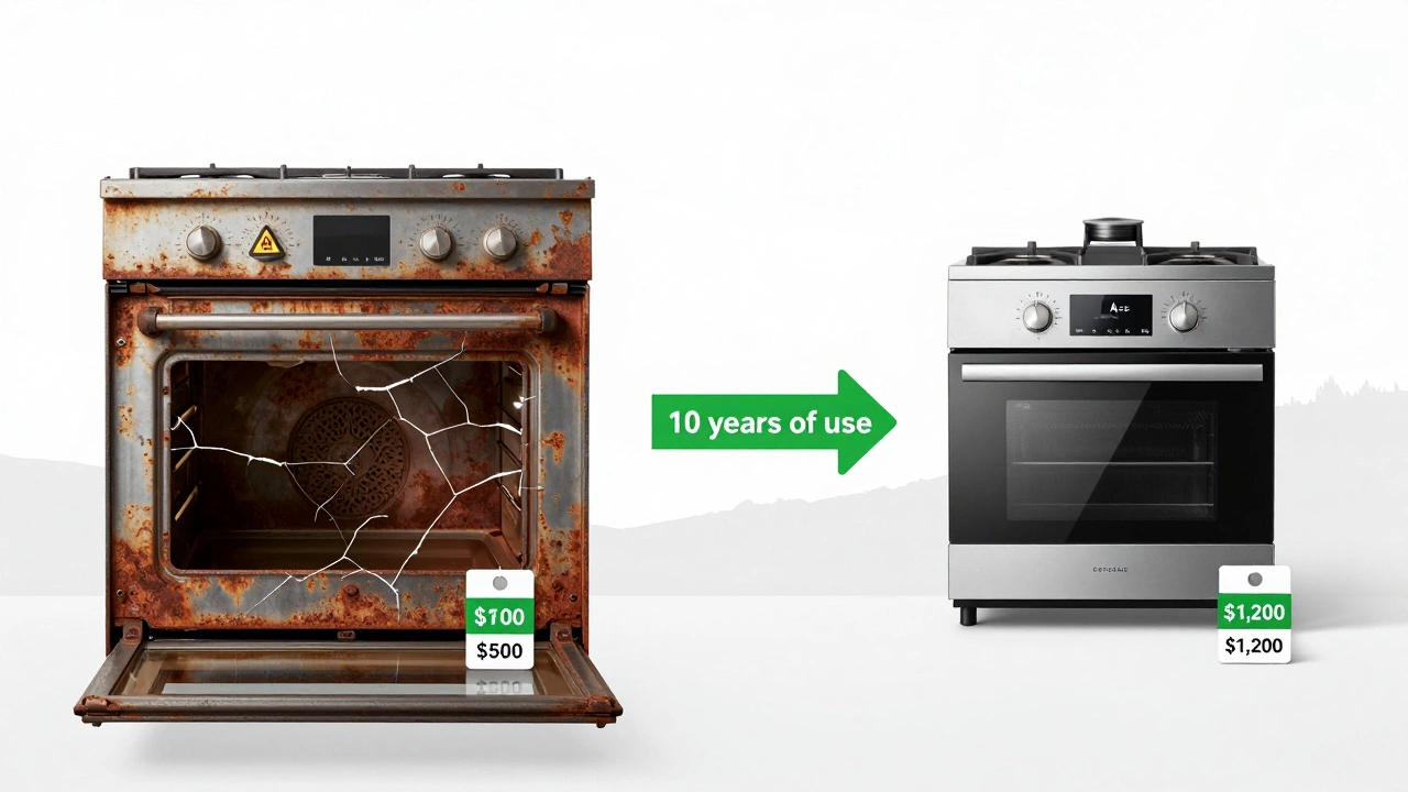 Split image comparing a damaged cooker needing repair versus a new energy-efficient model.