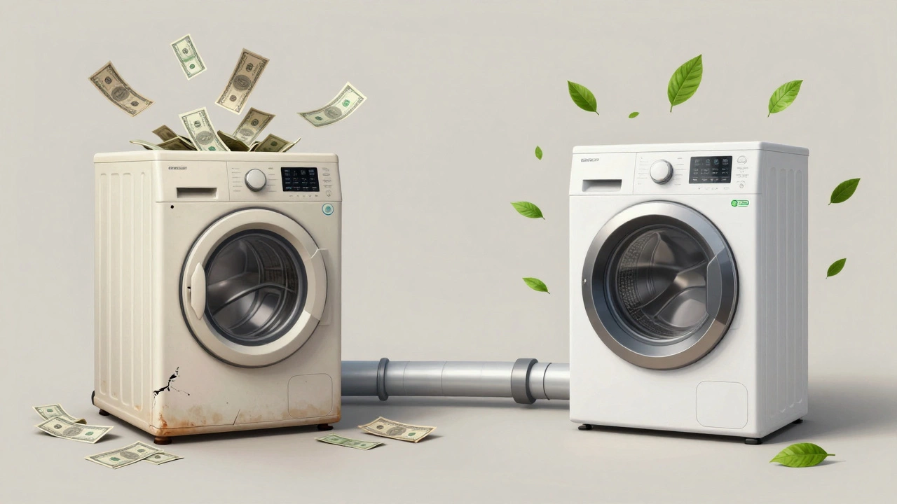 Split image comparing an old failing dryer with a modern energy-efficient model.