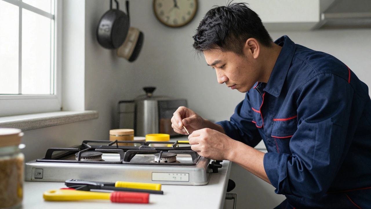 Technician cleaning gas burner ports on an older gas cooker with tools nearby.