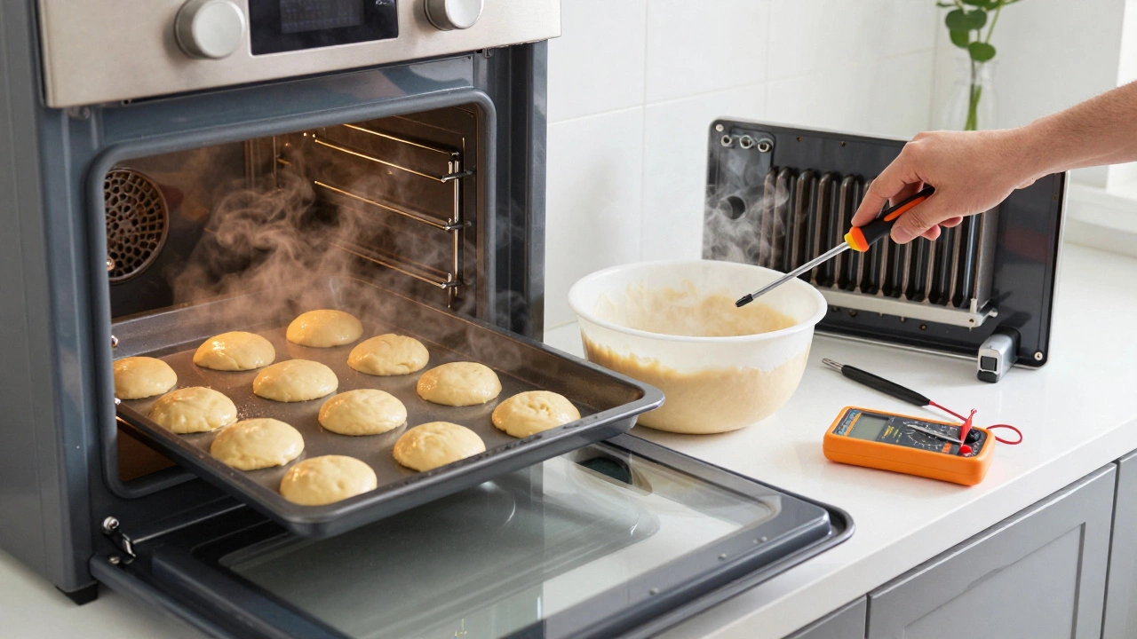 A person preparing to replace a broken oven heating element with tools and a new part on a kitchen counter.